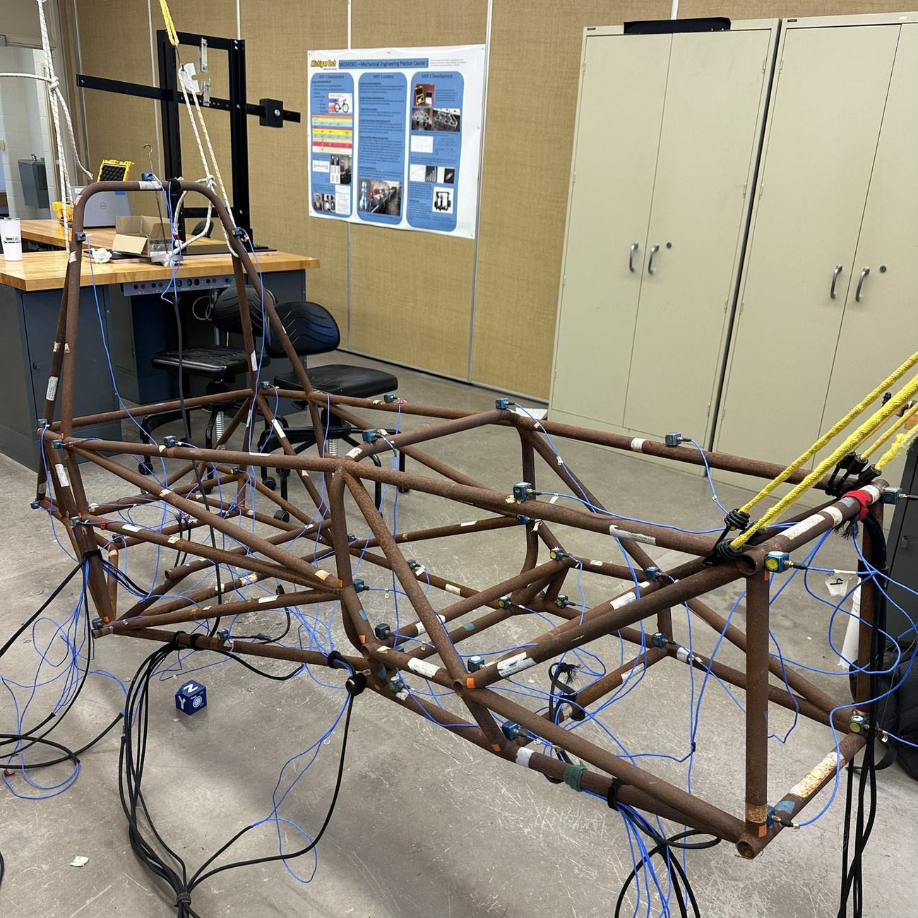 FSAE chassis suspended and instrumented for modal testing
