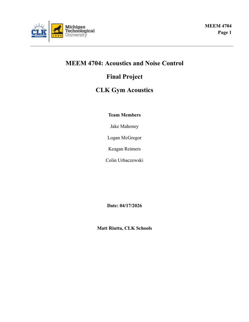 Calumet gym acoustics report page 1