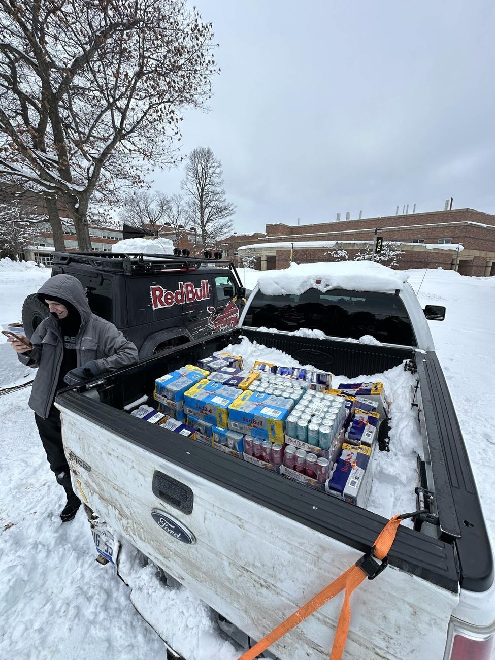 Red Bull's event jeep loaded with sponsorship cans