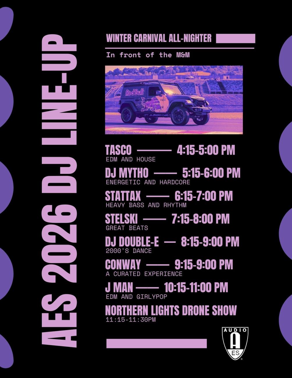 AES 2026 Winter Carnival DJ line-up poster
